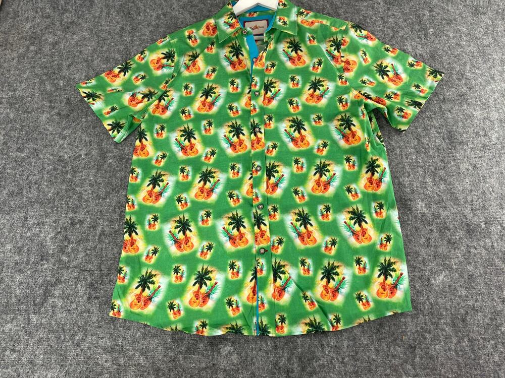 Joe Browns Shirt Mens 2XL Button Up Guitar Palm Trees Green Short Sleeve N41